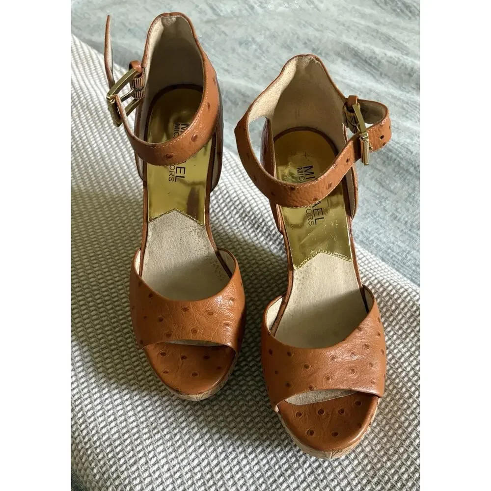 MICHAEL Michael Kors Brown Ostrich Embossed Cork Platform Wedge Sandals Size 6.5